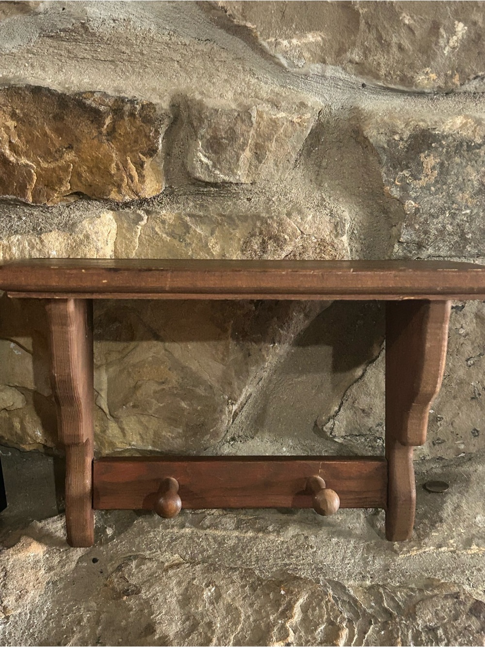 Wooden Wall Shelf with Peg Hooks - Brown